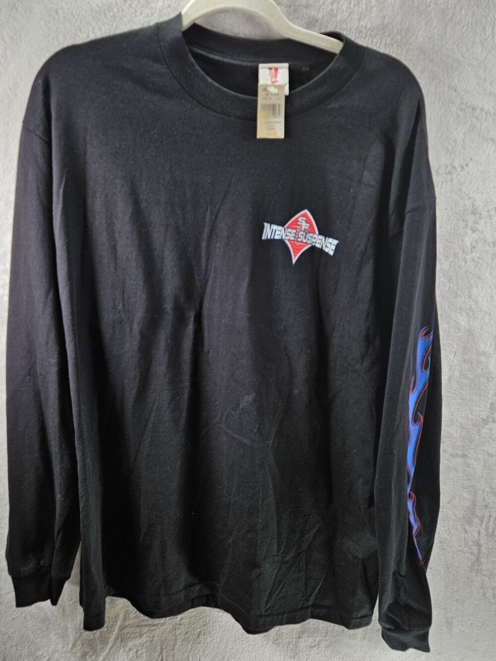Six Flags T-Shirt Mens Large Black Intense Suspense Flames Long Sleeve Y2K New